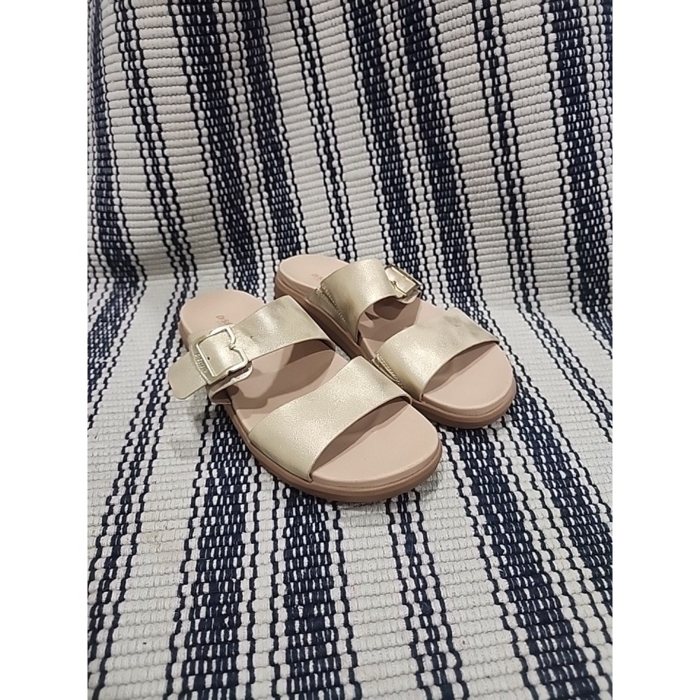 Dr. Scholls Womens Gold Metallic Buckle Two Strap Slide Sandals Comfort Shoes